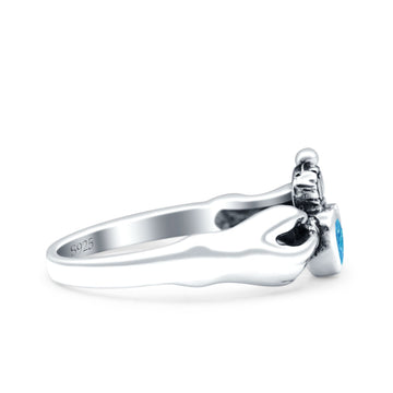 Petite Dainty Heart Lab Created Blue Opal Ring Solid Oxidized 925 Sterling Silver